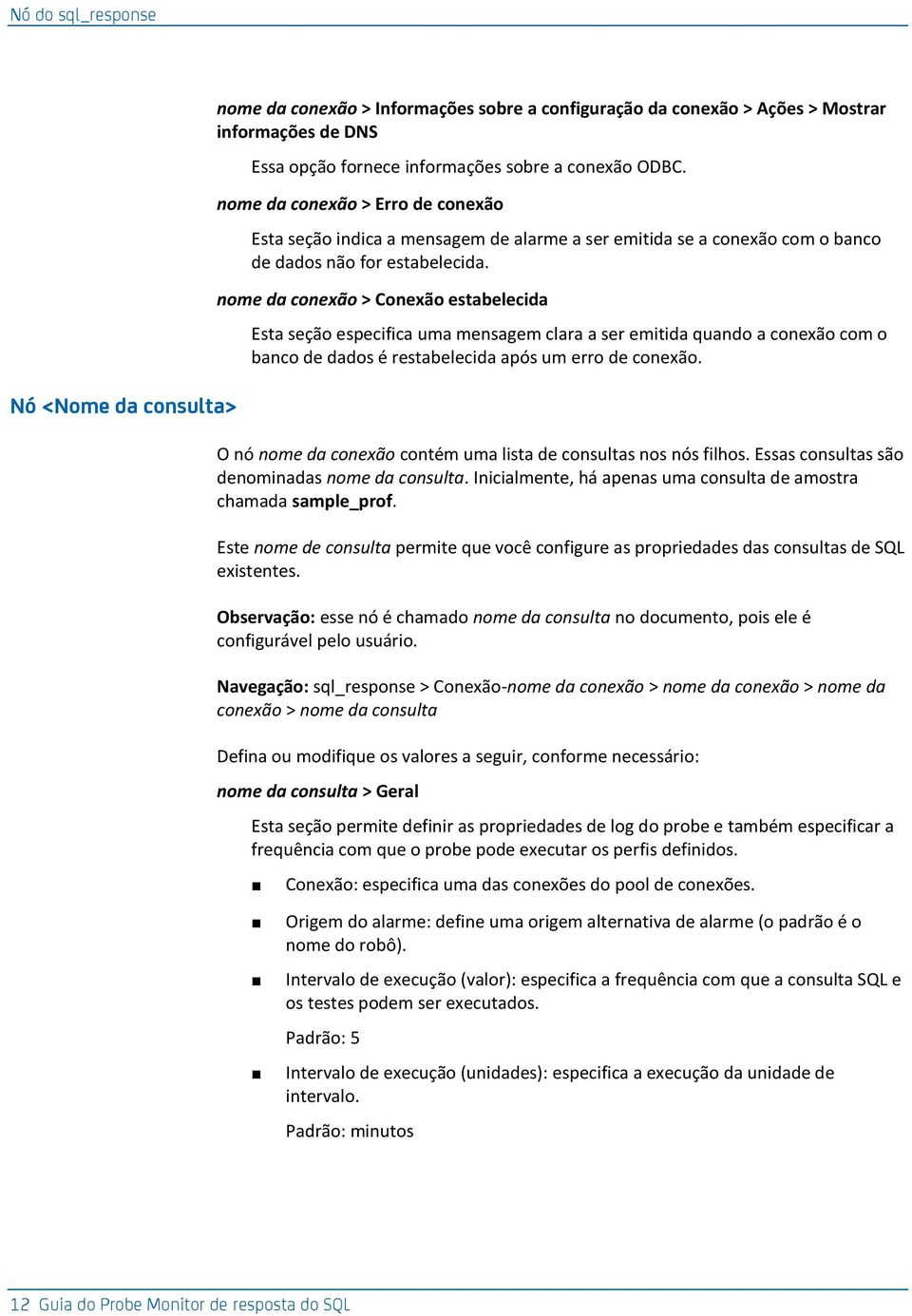 nome da conexão > Conexão estabelecida Esta seção especifica uma mensagem clara a ser emitida quando a conexão com o banco de dados é restabelecida após um erro de conexão.