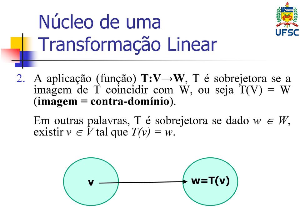 de T coincidir com W, ou seja T(V) = W (imagem =