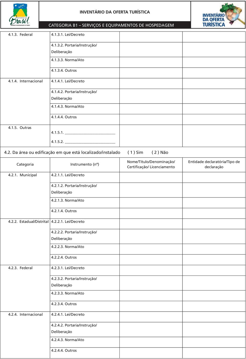 4.2. Da área ou edificação em que está localizado/instalado ( 1 ) Sim ( 2 ) Não Categoria Instrumento (nº) Nome/Título/Denominação/ Certificação/ Licenciamento Entidade declaratória/tipo de