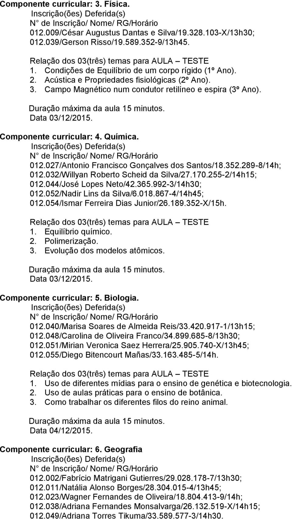 289-8/14h; 012.032/Willyan Roberto Scheid da Silva/27.170.255-2/14h15; 012.044/José Lopes Neto/42.365.992-3/14h30; 012.052/Nadir Lins da Silva/6.018.867-4/14h45; 012.054/Ismar Ferreira Dias Junior/26.