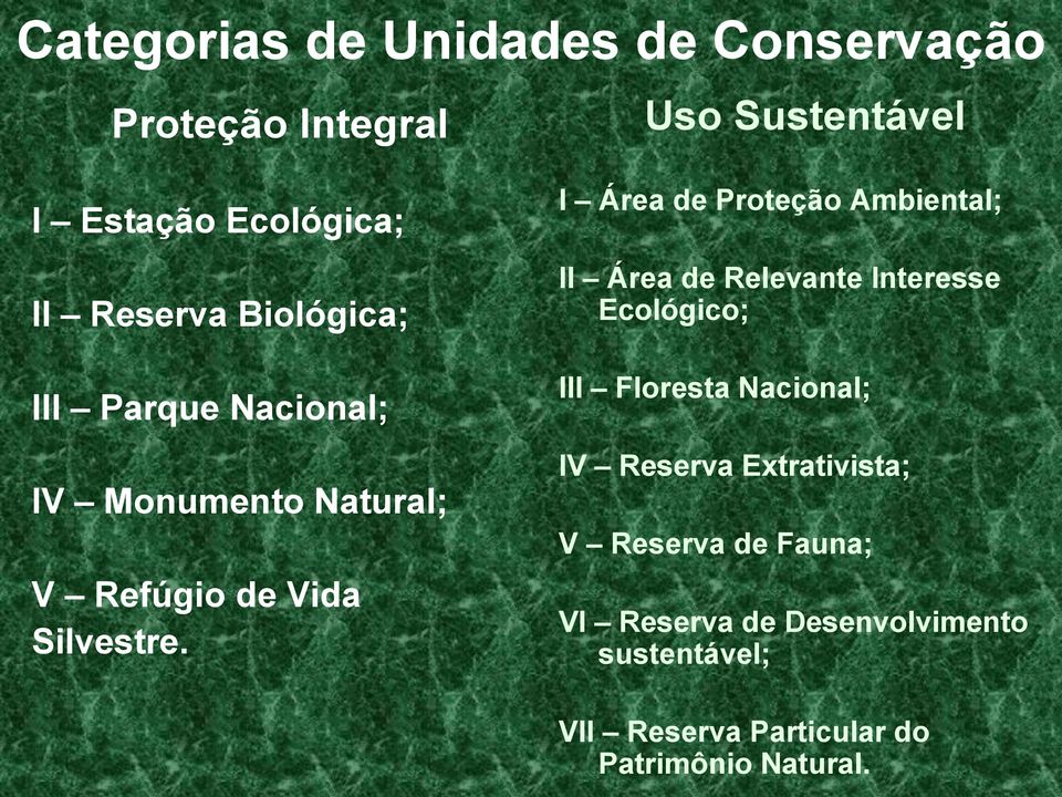 I Área de Proteção Ambiental; II Área de Relevante Interesse Ecológico; III Floresta Nacional; IV