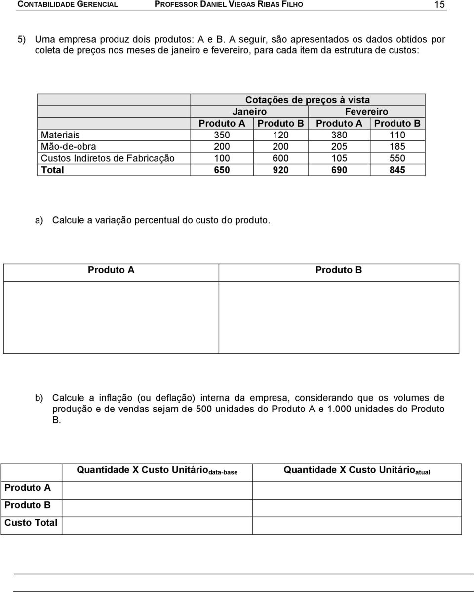 Produto B Produto A Produto B Materiais 350 120 380 110 Mão-de-obra 200 200 205 185 Custos Indiretos de Fabricação 100 600 105 550 Total 650 920 690 845 a) Calcule a variação percentual do custo do