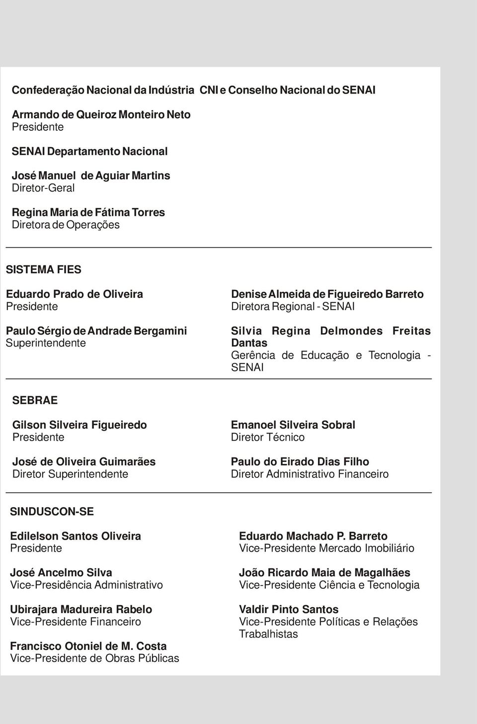 Silvia Regina Delmondes Freitas Dantas Gerência de Educação e Tecnologia - SENAI SEBRAE Gilson Silveira Figueiredo Presidente José de Oliveira Guimarães Diretor Superintendente Emanoel Silveira