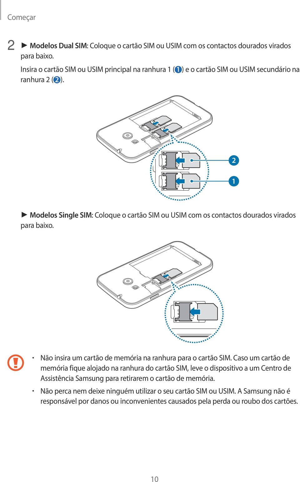 2 1 Modelos Single SIM: Coloque o cartão SIM ou USIM com os contactos dourados virados para baixo. Não insira um cartão de memória na ranhura para o cartão SIM.