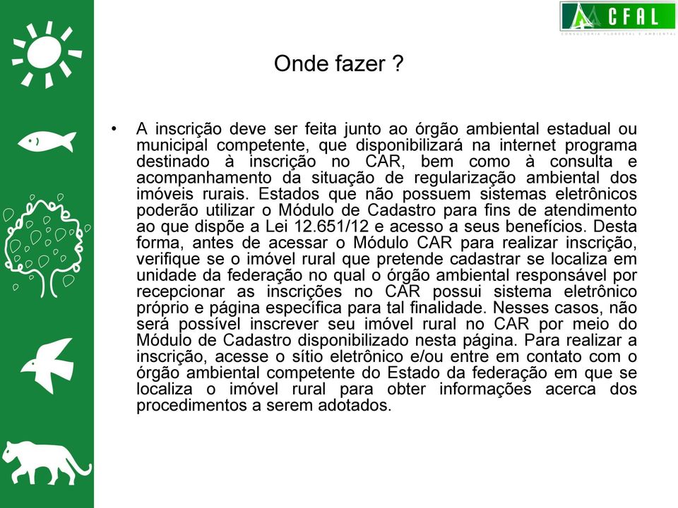 situação de regularização ambiental dos imóveis rurais. Estados que não possuem sistemas eletrônicos poderão utilizar o Módulo de Cadastro para fins de atendimento ao que dispõe a Lei 12.