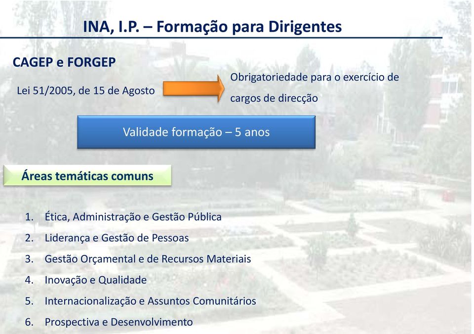 exercício de cargos de direcção Validade formação 5 anos Áreas temáticas comuns 1.