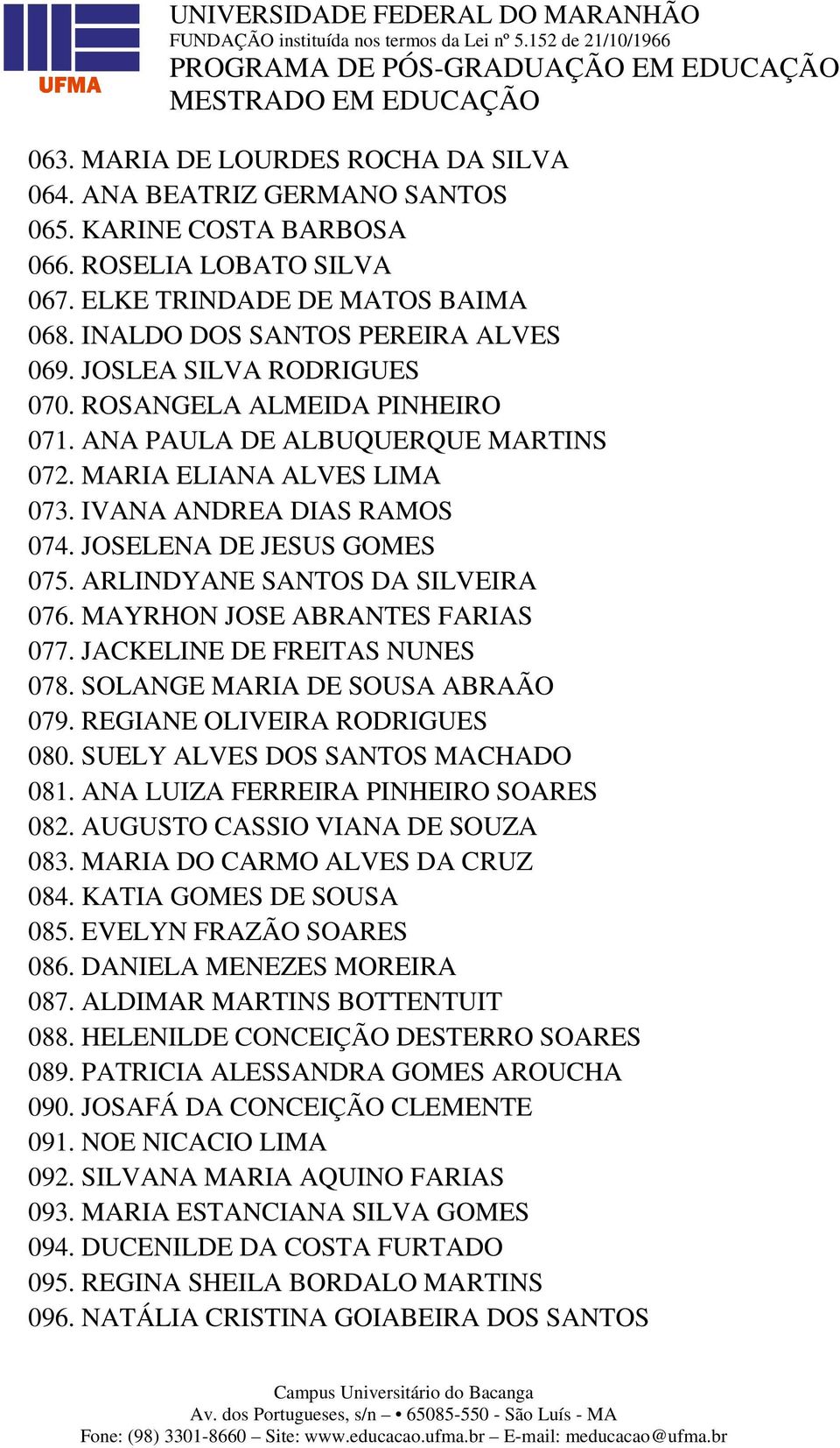 ARLINDYANE SANTOS DA SILVEIRA 076. MAYRHON JOSE ABRANTES FARIAS 077. JACKELINE DE FREITAS NUNES 078. SOLANGE MARIA DE SOUSA ABRAÃO 079. REGIANE OLIVEIRA RODRIGUES 080.