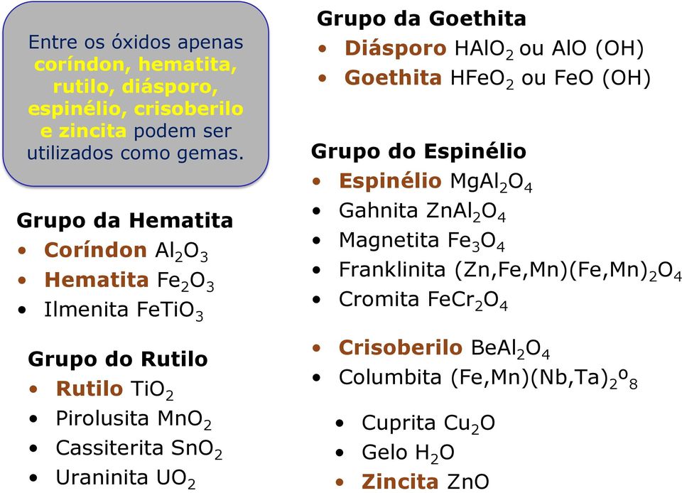 2 O 3 Hematita Fe 2 O 3 Ilmenita FeTiO 3 Grupo do Rutilo Rutilo TiO 2 Pirolusita MnO 2 Cassiterita SnO 2 Uraninita UO 2 Gahnita ZnAl 2 O 4