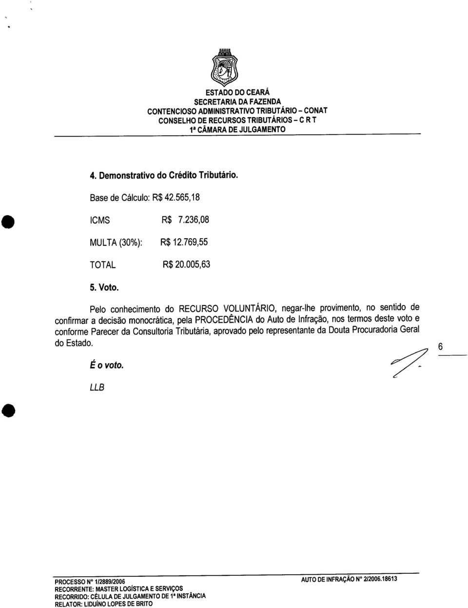 Pelo conhecimento do RECURSO VOLUNTÁRIO, negar-lhe provimento, no sentido de confirmar a decisão monocrática, pela PROCEDÊNCIA do Auto de Infração, nos