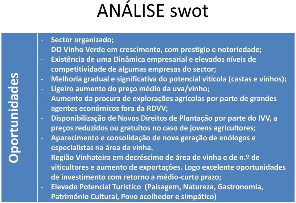 de grandes agentes económicos fora da RDVV; - Disponibilização de Novos Direitos de Plantação por parte do IVV, a preços reduzidos ou gratuitos no caso de jovens agricultores; - Aparecimento e