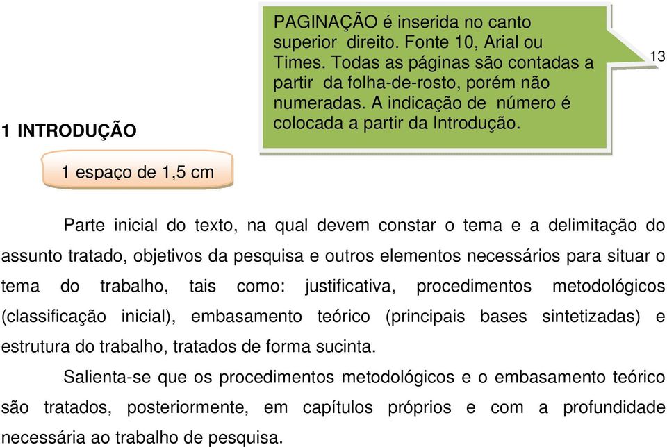 13 Parte inicial do texto, na qual devem constar o tema e a delimitação do assunto tratado, objetivos da pesquisa e outros elementos necessários para situar o tema do trabalho, tais como: