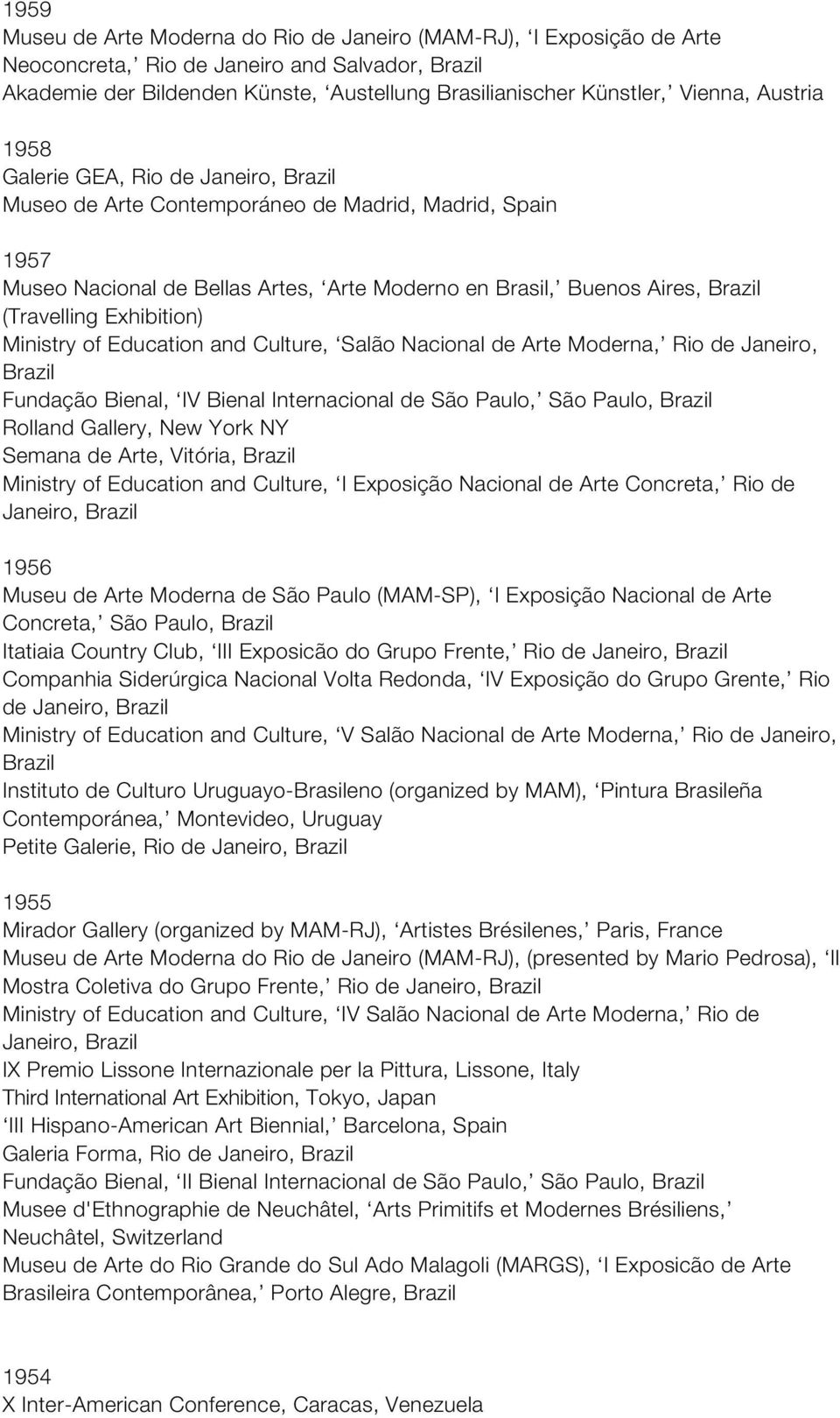 Ministry of Education and Culture, Salão Nacional de Arte Moderna, Rio de Janeiro, Fundação Bienal, IV Bienal Internacional de São Paulo, São Paulo, Rolland Gallery, New York NY Semana de Arte,