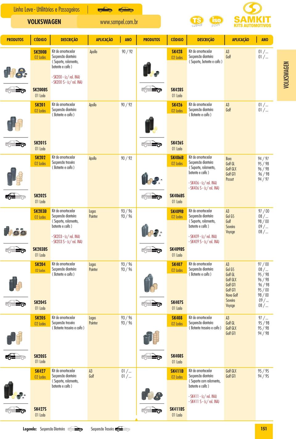 INA) - SK409 S - (c/ rol. INA) A3 97 / 00 Gol G5 08 /... Golf 98 / 00 Saveiro 09 /... SK203BS SK409BS SK204 SK204S SK407 SK407S A3 97 / 00 Gol G5 08 /.