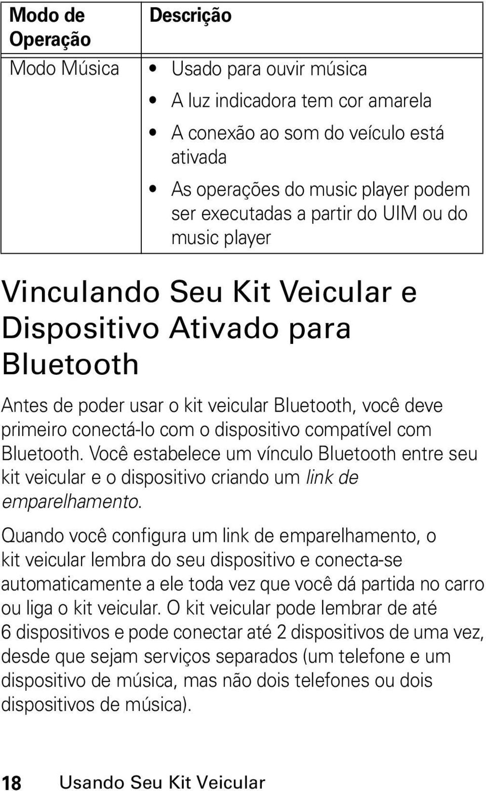 Bluetooth. Você estabelece um vínculo Bluetooth entre seu kit veicular e o dispositivo criando um link de emparelhamento.