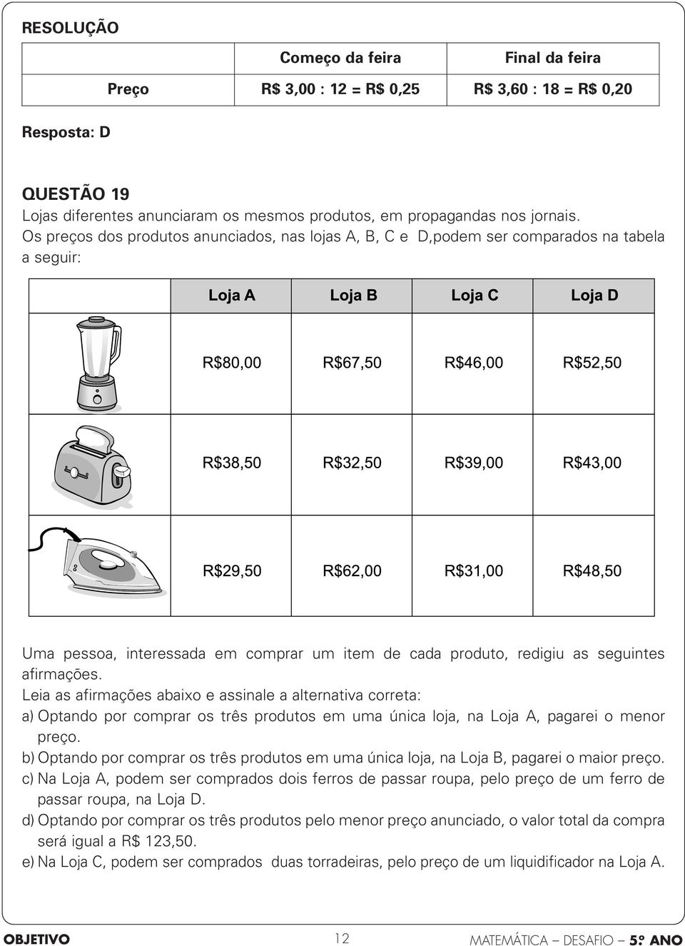 Leia as afirmações abaixo e assinale a alternativa correta: a) Optando por comprar os três produtos em uma única loja, na Loja A, pagarei o menor preço.