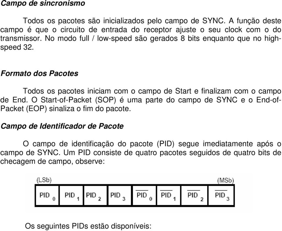 No modo full / low-speed são gerados 8 bits enquanto que no highspeed 32. Formato dos Pacotes Todos os pacotes iniciam com o campo de Start e finalizam com o campo de End.