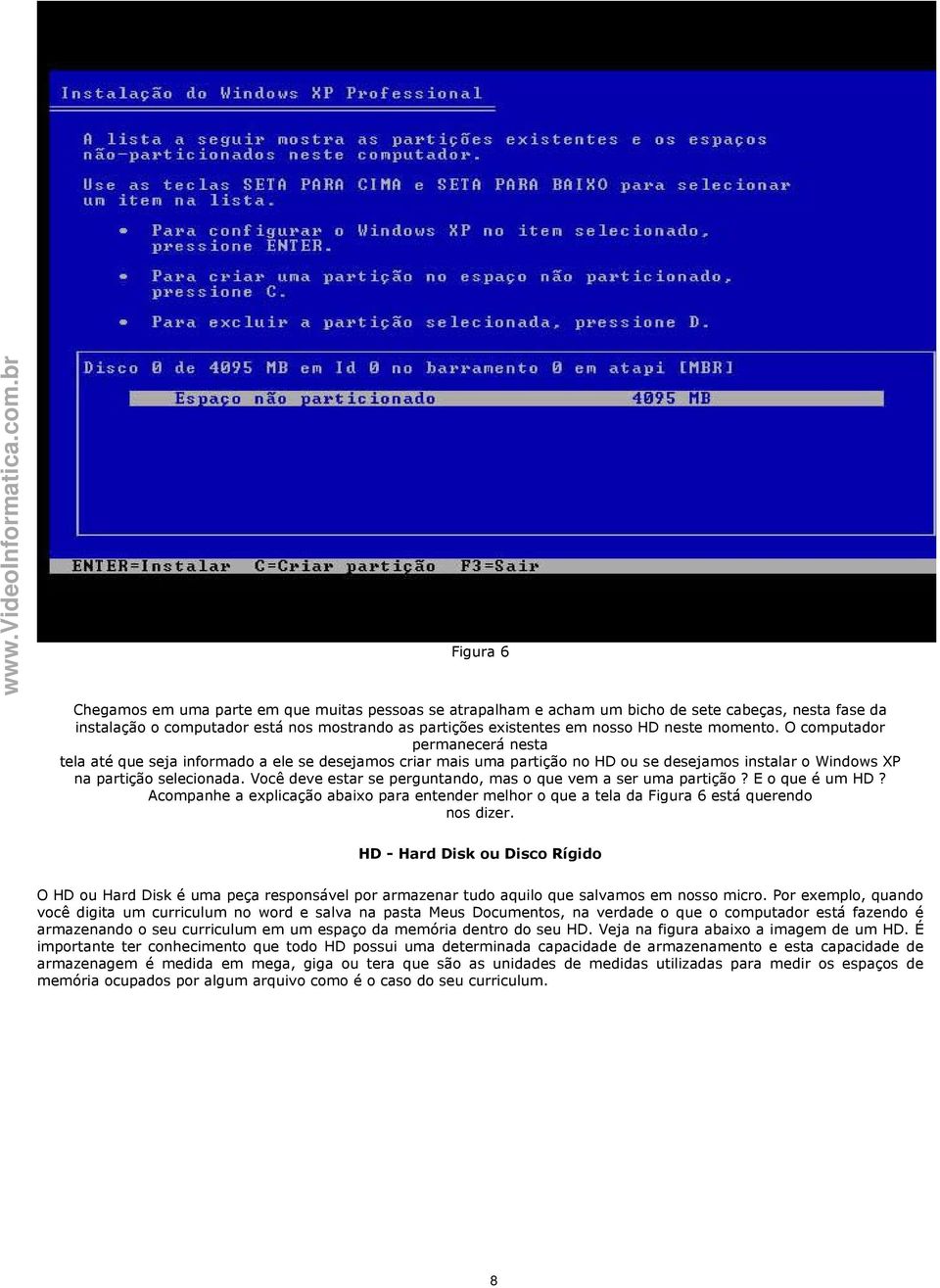 Você deve estar se perguntando, mas o que vem a ser uma partição? E o que é um HD? Acompanhe a explicação abaixo para entender melhor o que a tela da Figura 6 está querendo nos dizer.