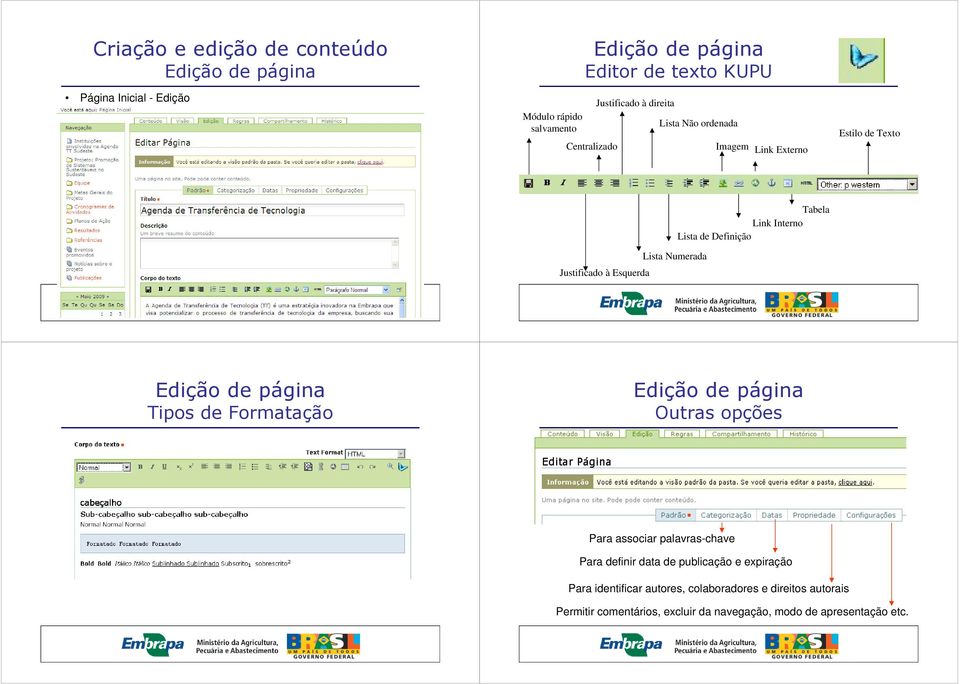 Esquerda Edição de página Tipos de Formatação Edição de página Outras opções Para associar palavras-chave Para definir data de