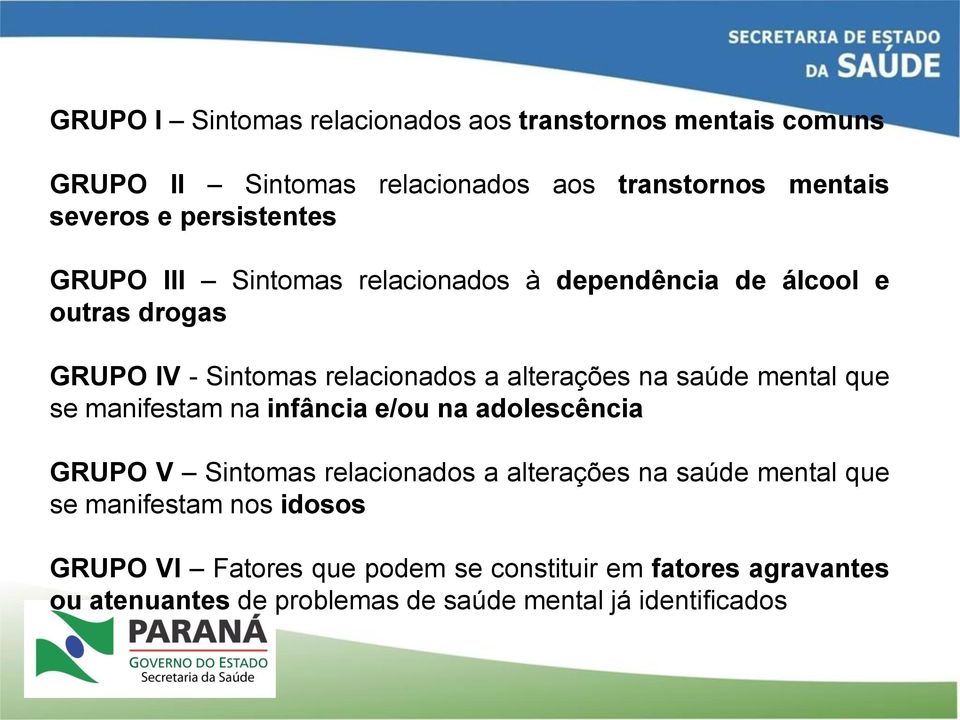 saúde mental que se manifestam na infância e/ou na adolescência GRUPO V Sintomas relacionados a alterações na saúde mental que se