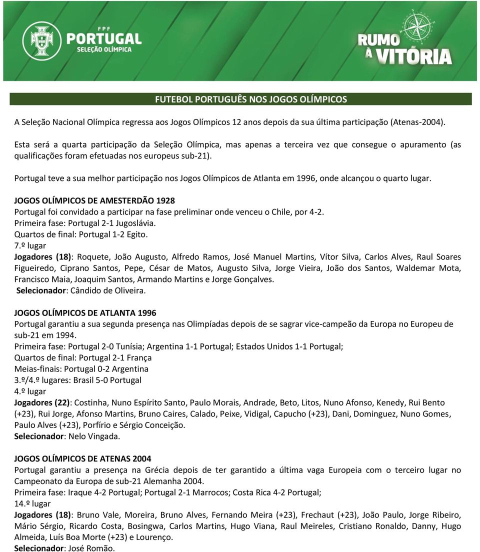 Portugal teve a sua melhor participação nos Jogos Olímpicos de Atlanta em 1996, onde alcançou o quarto lugar.