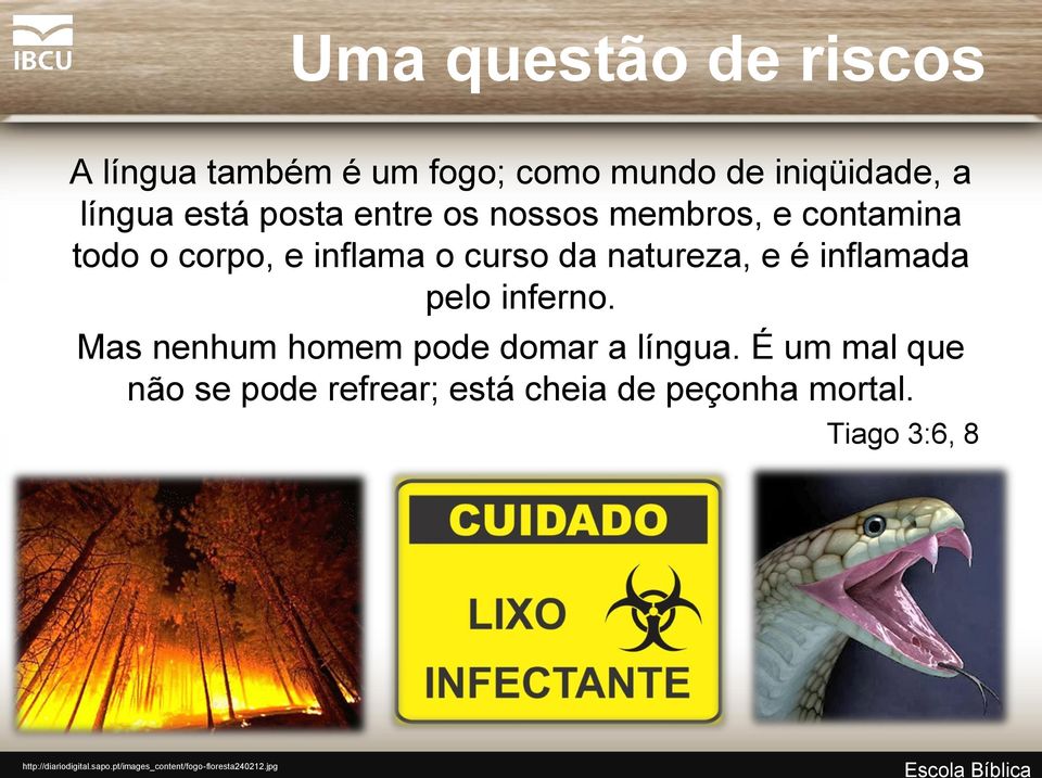 Mas nenhum homem pode domar a língua. É um mal que não se pode refrear; está cheia de peçonha mortal.