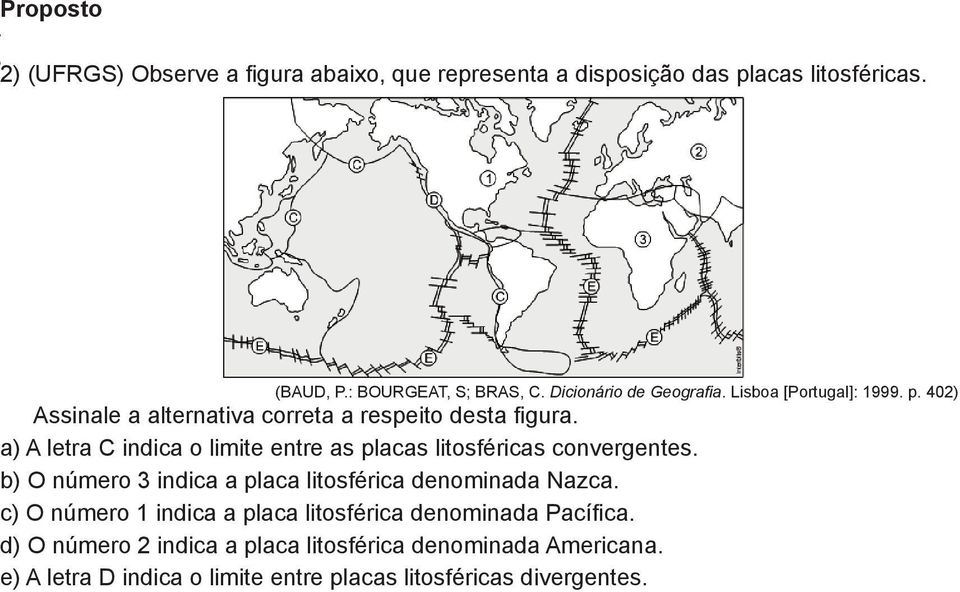 a) A letra C indica o limite entre as placas litosféricas convergentes. b) O número 3 indica a placa litosférica denominada Nazca.