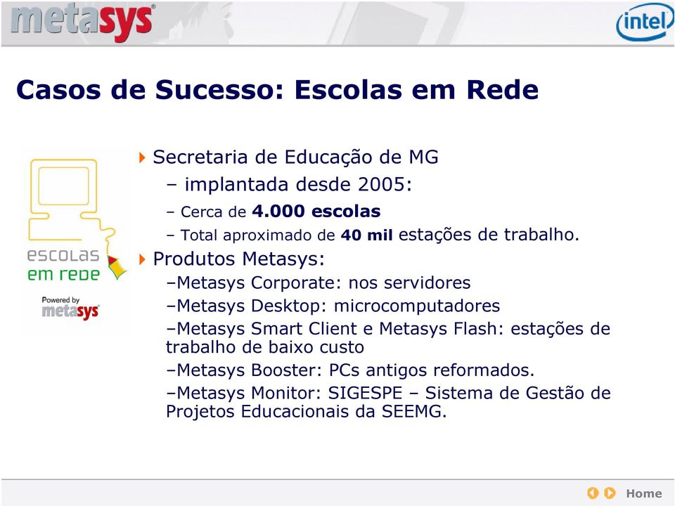 Produtos Metasys: Metasys Corporate: nos servidores Metasys Desktop: microcomputadores Metasys Smart Client e