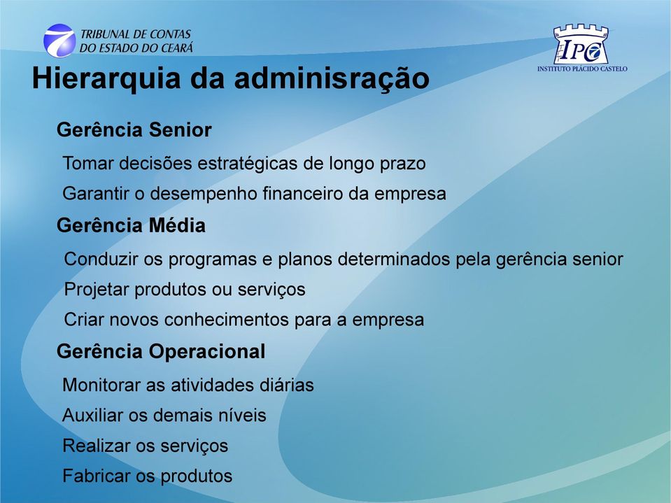 gerência senior Projetar produtos ou serviços Criar novos conhecimentos para a empresa Gerência