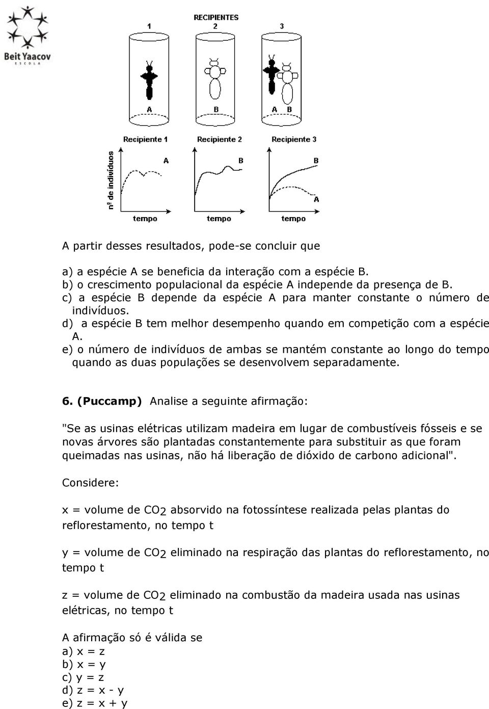 e) o número de indivíduos de ambas se mantém constante ao longo do tempo quando as duas populações se desenvolvem separadamente. 6.