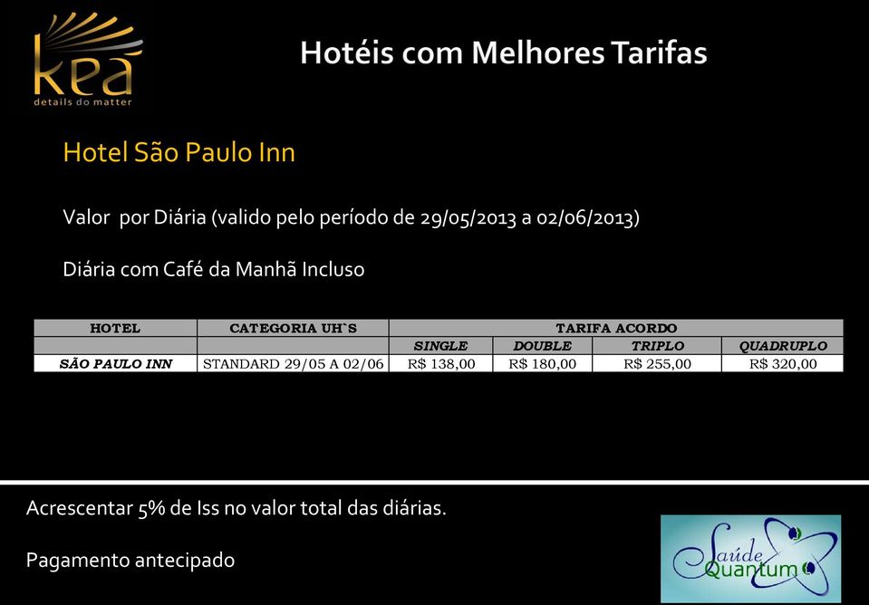 SINGLE DOUBLE TRIPLO QUADRUPLO SÃO PAULO INN STANDARD 29/05 A 02/06 R$ 138,00 R$