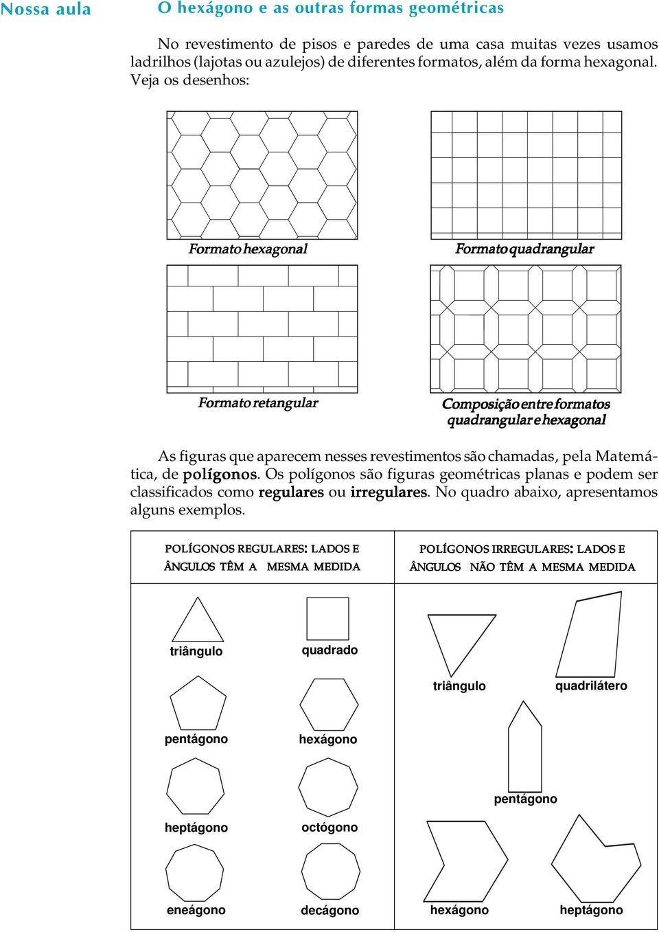 Veja os desenhos: Formato hexagonal Formato quadrangular Formato retangular Composição entre formatos quadrangular e hexagonal As figuras que aparecem nesses revestimentos são chamadas, pela