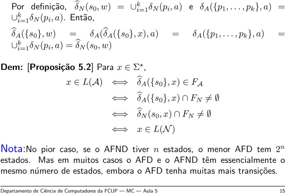 2] Para x Σ, x L(A) δ A ({s 0 }, x) F A δ A ({s 0 }, x) F N δ N (s 0, x) F N x L(N ) Nota:No pior caso, se o AFND tiver n estados, o menor AFD