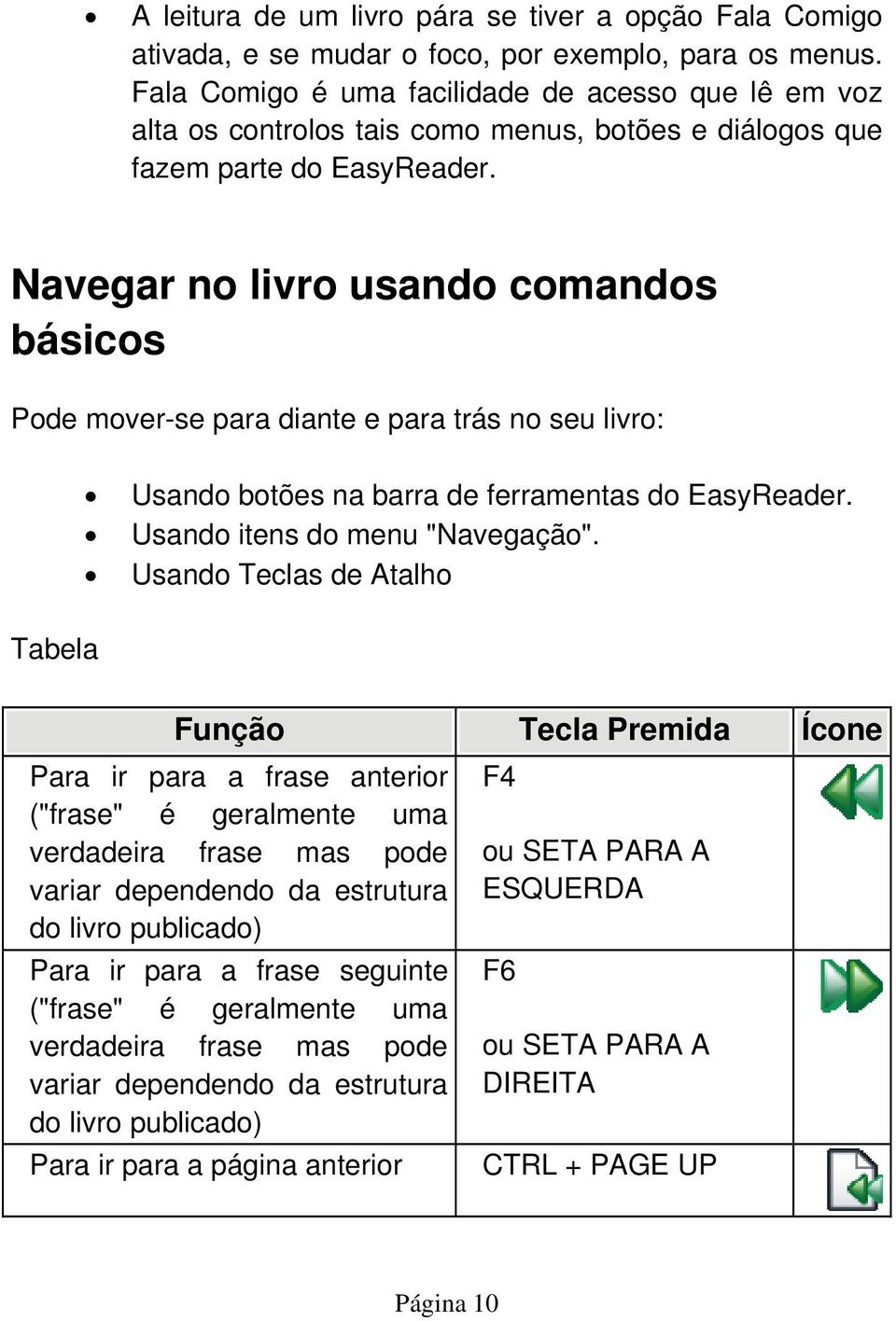 Navegar no livro usando comandos básicos Pode mover-se para diante e para trás no seu livro: Usando botões na barra de ferramentas do EasyReader. Usando itens do menu "Navegação".