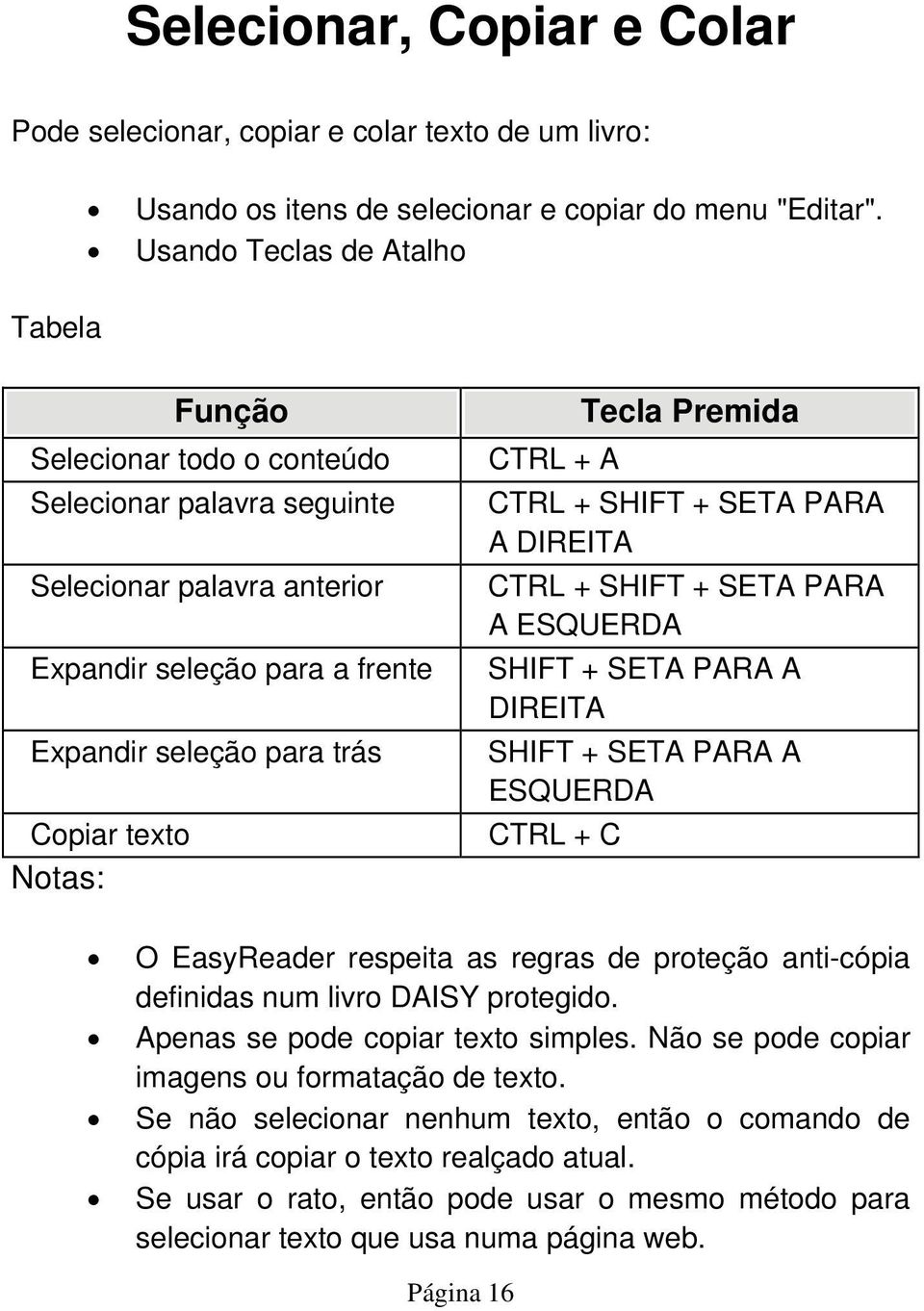 A Tecla Premida CTRL + SHIFT + SETA PARA A DIREITA CTRL + SHIFT + SETA PARA A ESQUERDA SHIFT + SETA PARA A DIREITA SHIFT + SETA PARA A ESQUERDA CTRL + C O EasyReader respeita as regras de proteção