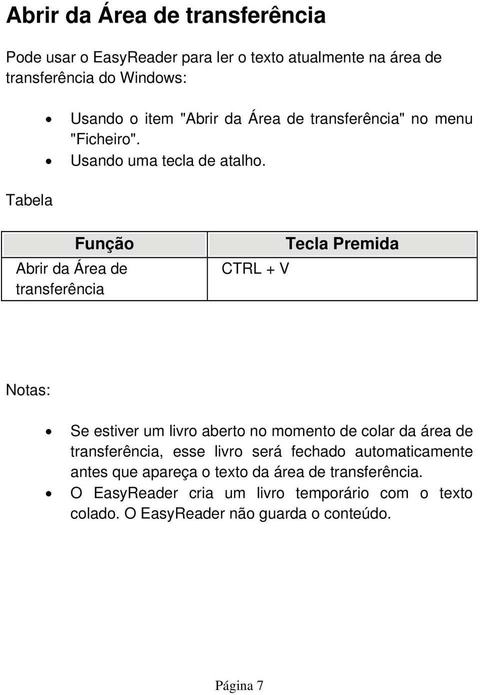 Função Abrir da Área de transferência Tecla Premida CTRL + V Notas: Se estiver um livro aberto no momento de colar da área de