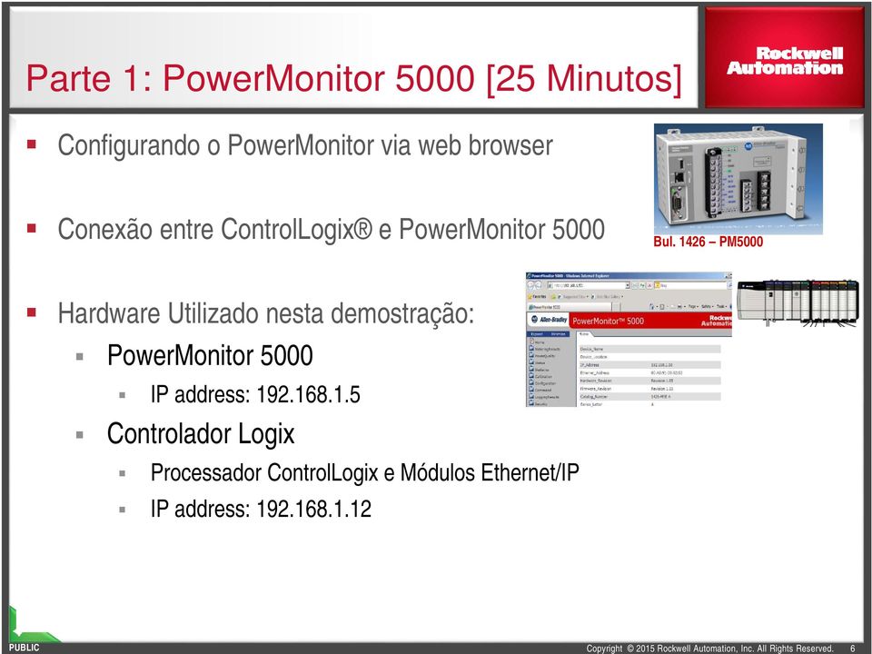 1426 PM5000 Hardware Utilizado nesta demostração: PowerMonitor 5000 IP address: