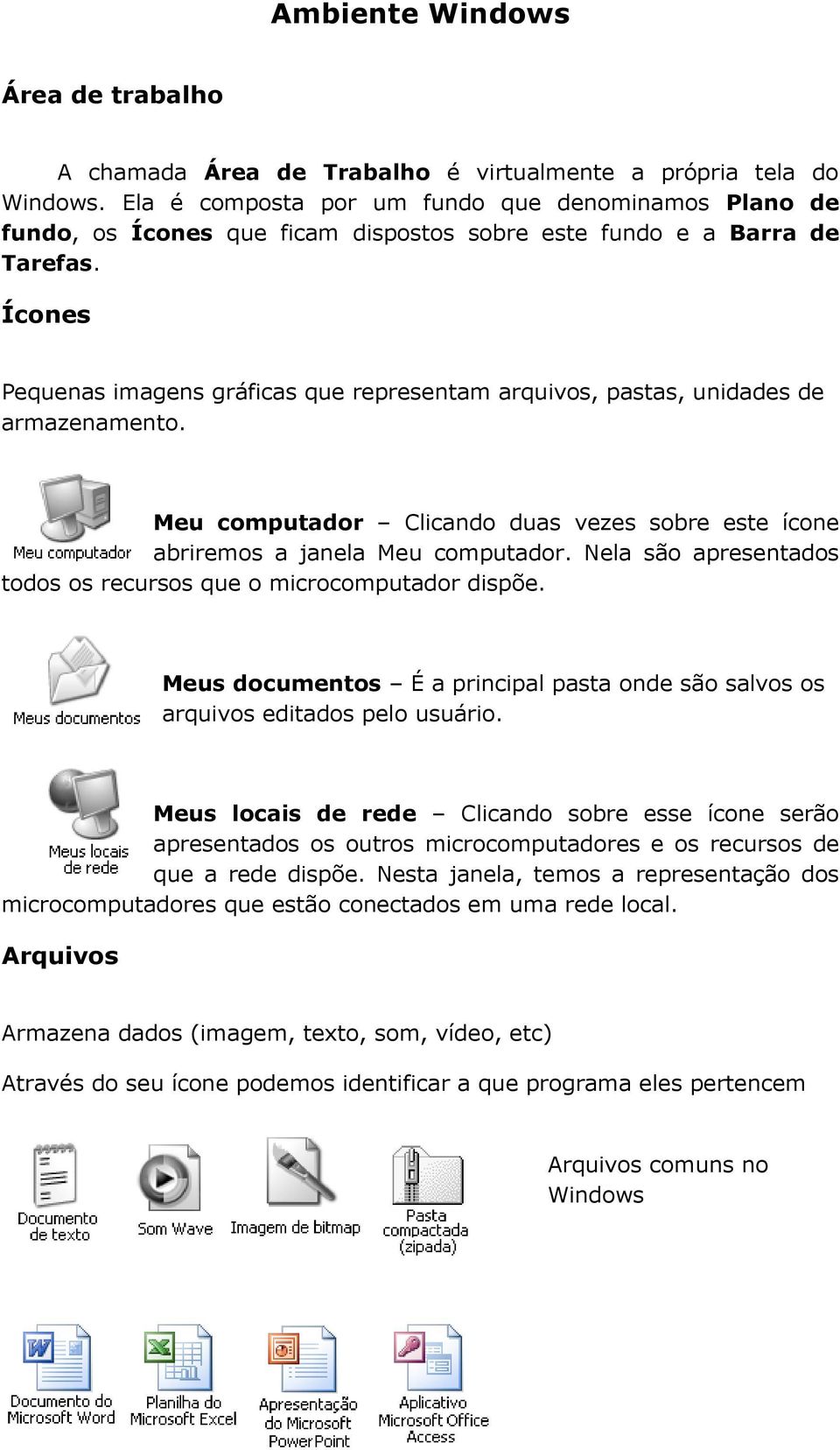 Ícones Pequenas imagens gráficas que representam arquivos, pastas, unidades de armazenamento. Meu computador Clicando duas vezes sobre este ícone abriremos a janela Meu computador.