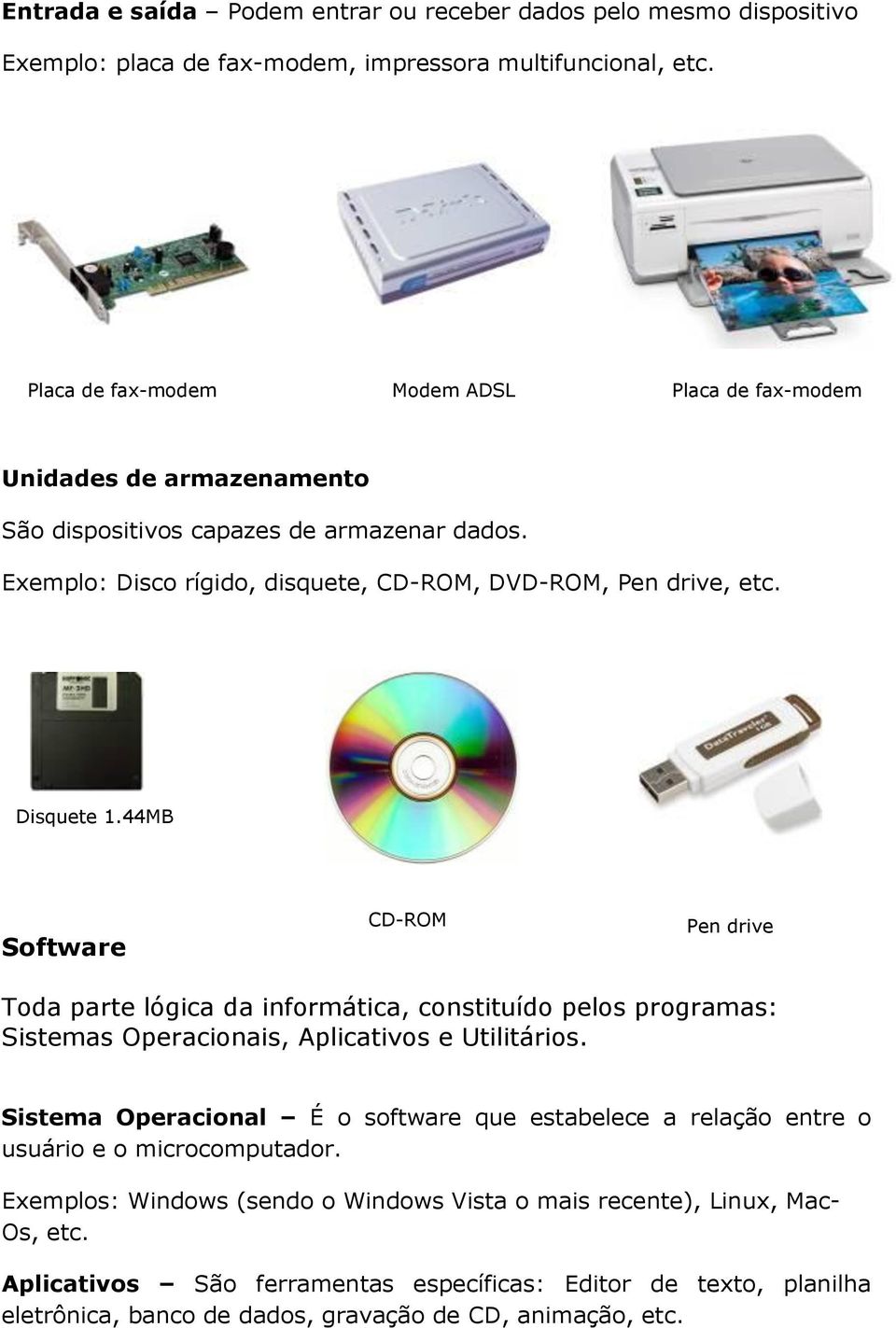 Disquete 1.44MB Software CD-ROM Pen drive Toda parte lógica da informática, constituído pelos programas: Sistemas Operacionais, Aplicativos e Utilitários.