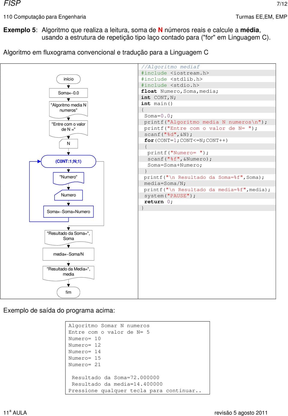 0; printf("algoritmo media N numeros\n"); printf("entre com o valor de N= "); scanf("%d",&n); for(cont=1;cont<=n;cont++) printf("= "); printf("\n Resultado da =%f",); media=/n; printf("\n Resultado