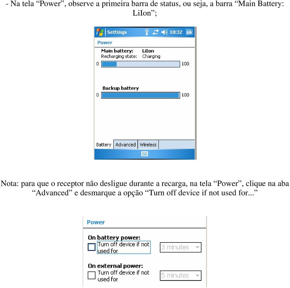 receptor não desligue durante a recarga, na tela Power,