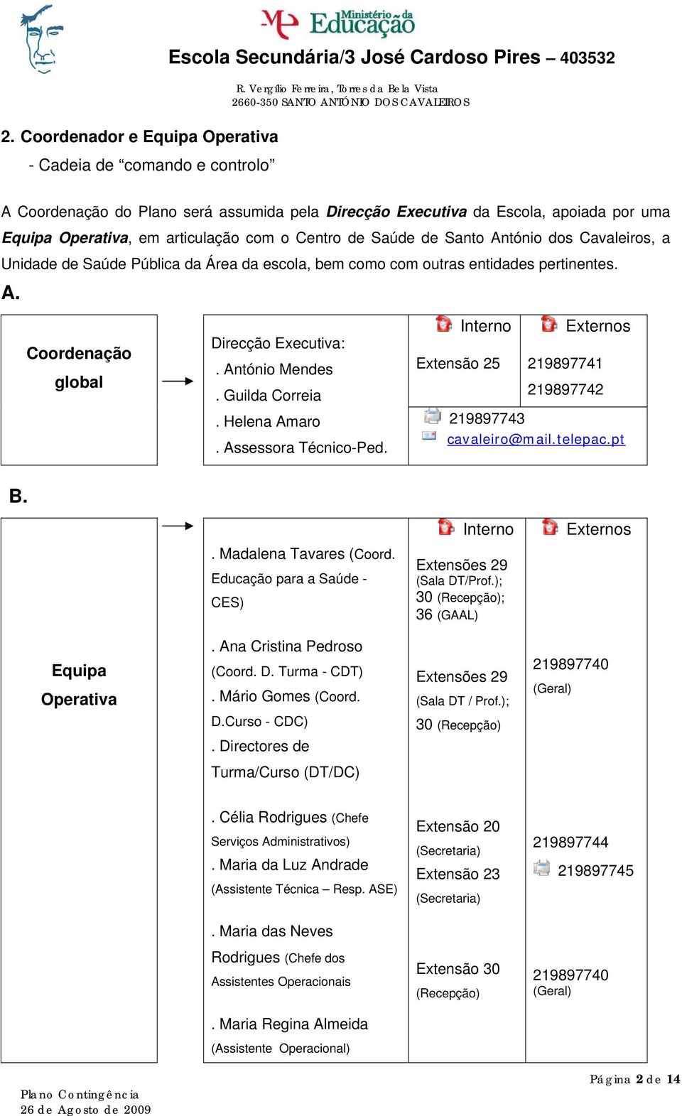 António Mendes. Guilda Correia. Helena Amaro. Assessora Técnico-Ped. Interno Extensão 25 Externos 219897741 219897742 219897743 cavaleiro@mail.telepac.pt B. Interno Externos. Madalena Tavares (Coord.