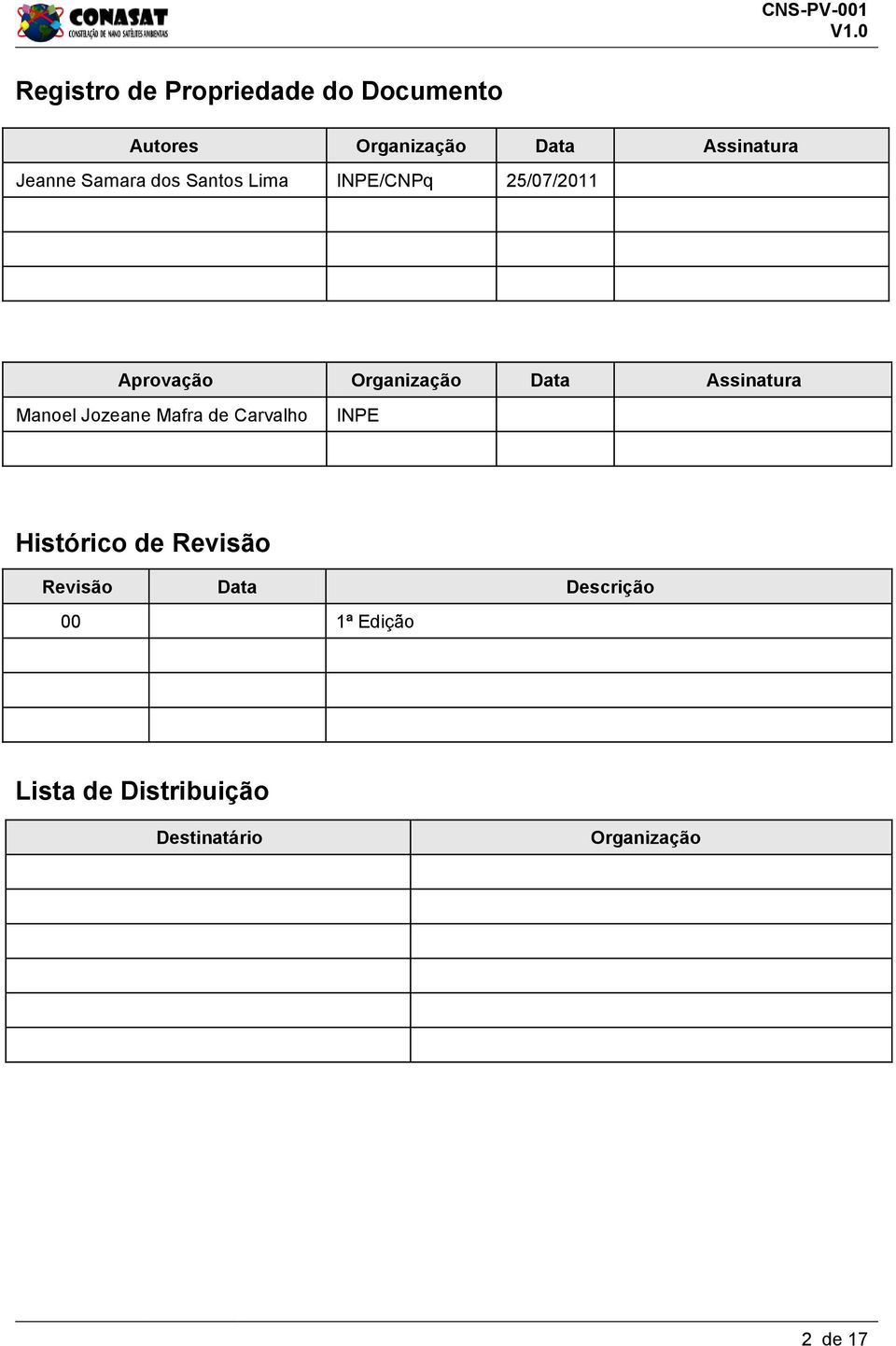 Assinatura Manoel Jozeane Mafra de Carvalho INPE Histórico de Revisão Revisão