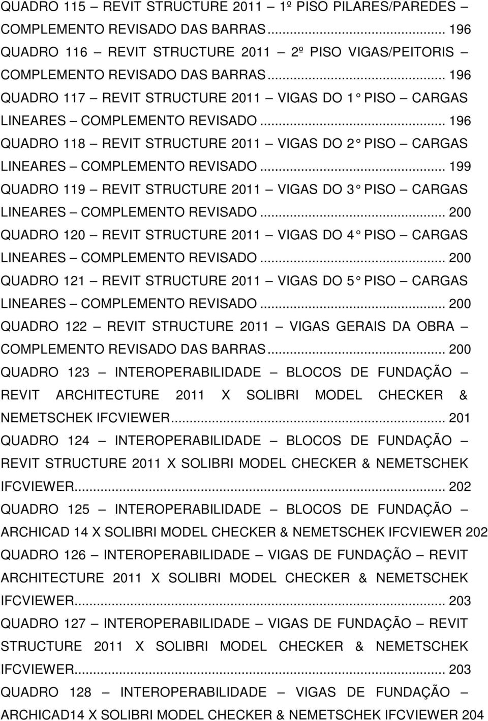 .. 199 QUADRO 119 REVIT STRUCTURE 2011 VIGAS DO 3 PISO CARGAS LINEARES COMPLEMENTO REVISADO... 200 QUADRO 120 REVIT STRUCTURE 2011 VIGAS DO 4 PISO CARGAS LINEARES COMPLEMENTO REVISADO.