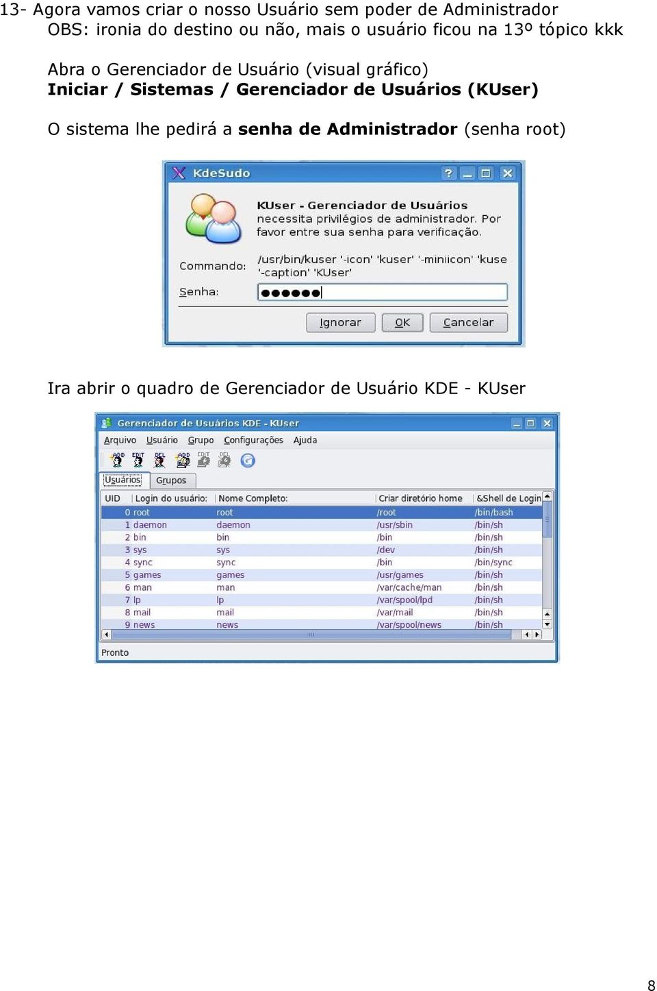 gráfico) Iniciar / Sistemas / Gerenciador de Usuários (KUser) O sistema lhe pedirá a