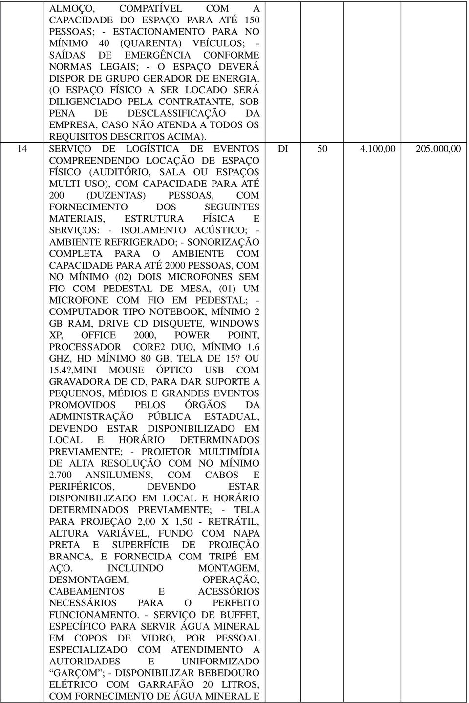 14 SERVIÇO DE LOGÍSTICA DE EVENTOS COMPREENDENDO LOCAÇÃO DE ESPAÇO FÍSICO (AUDITÓRIO, SALA OU ESPAÇOS MULTI USO), COM CAPACIDADE PARA ATÉ 200 (DUZENTAS) PESSOAS, COM FORNECIMENTO DOS SEGUINTES