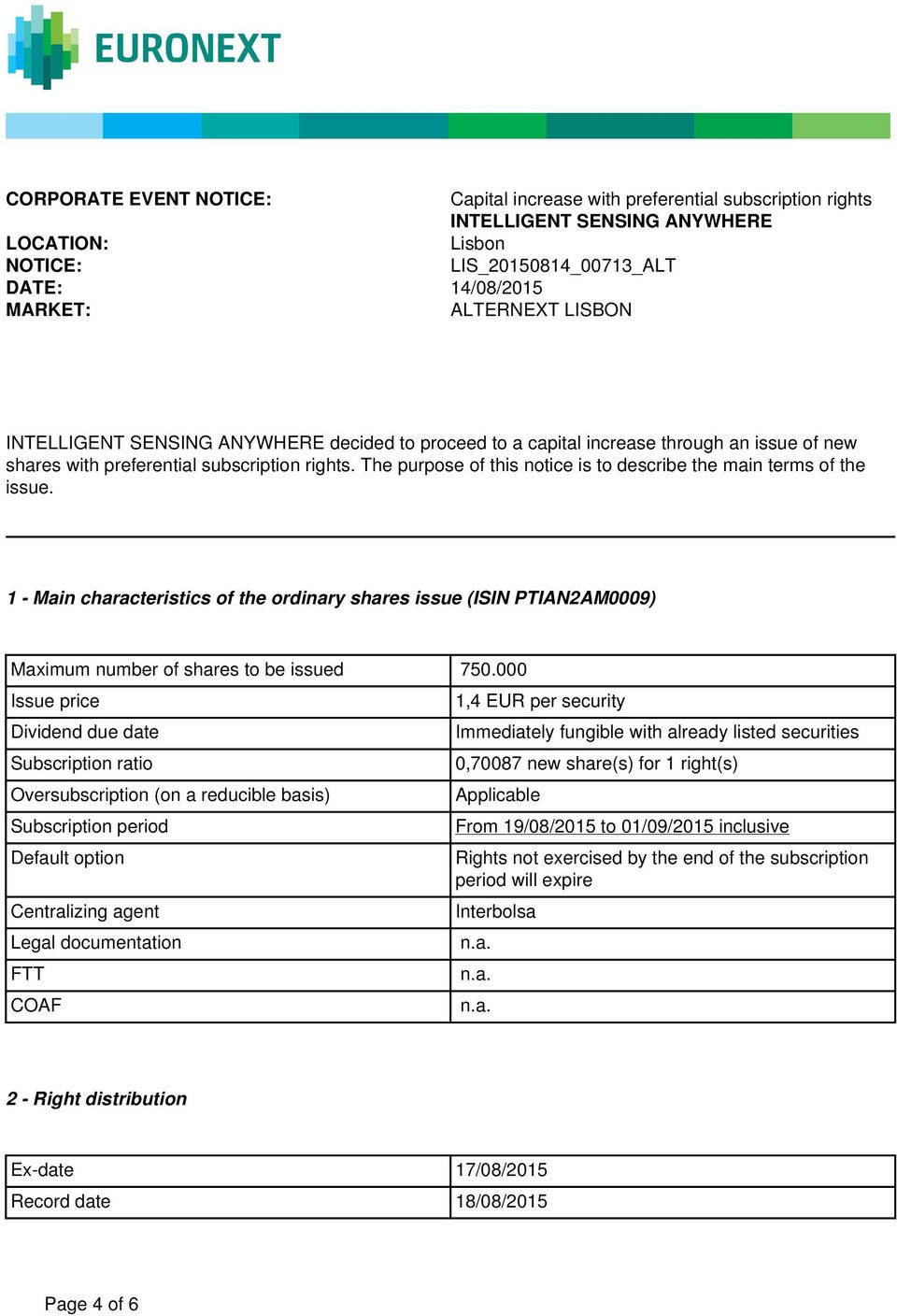 The purpose of this notice is to describe the main terms of the issue. 1 - Main characteristics of the ordinary shares issue (ISIN PTIAN2AM0009) Maximum number of shares to be issued 750.