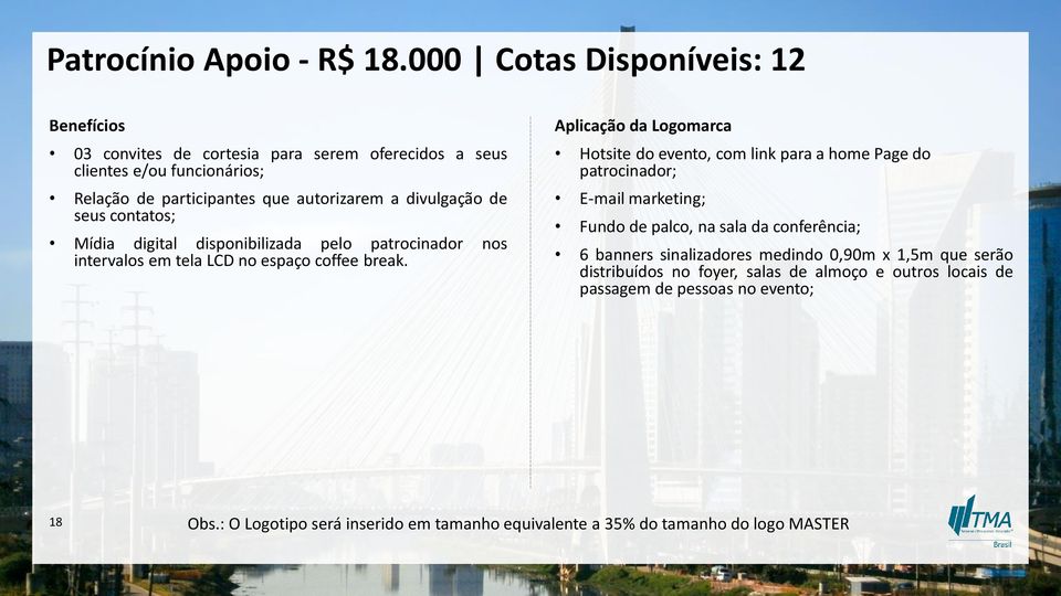 de seus contatos; Mídia digital disponibilizada pelo patrocinador nos intervalos em tela LCD no espaço coffee break.