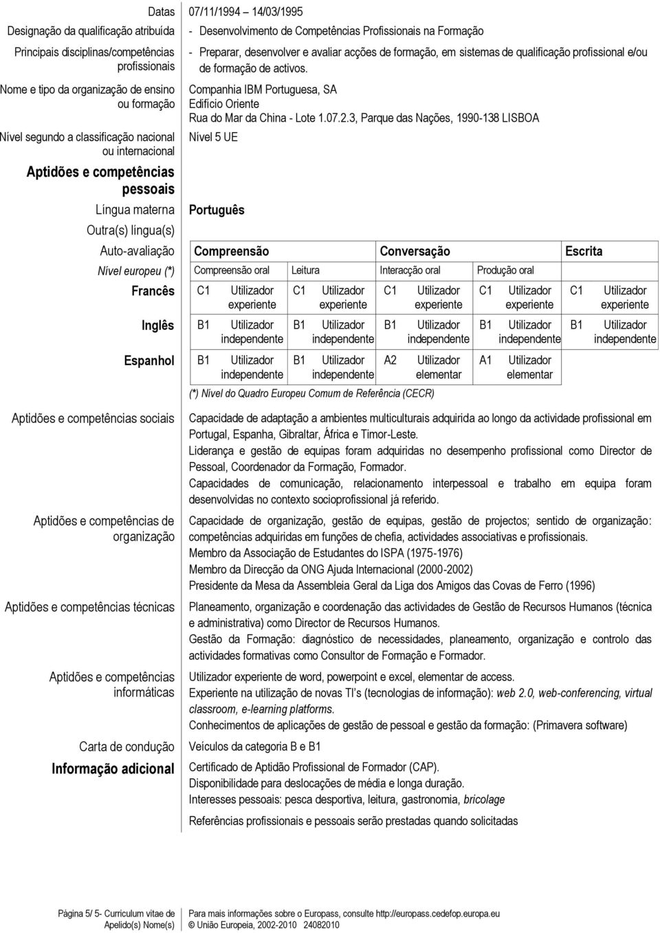 3, Parque das Nações, 1990-138 LISBOA Português Auto-avaliação Compreensão Conversação Escrita Nível europeu (*) Compreensão oral Leitura Interacção oral Produção oral Francês Inglês Espanhol A2 (*)