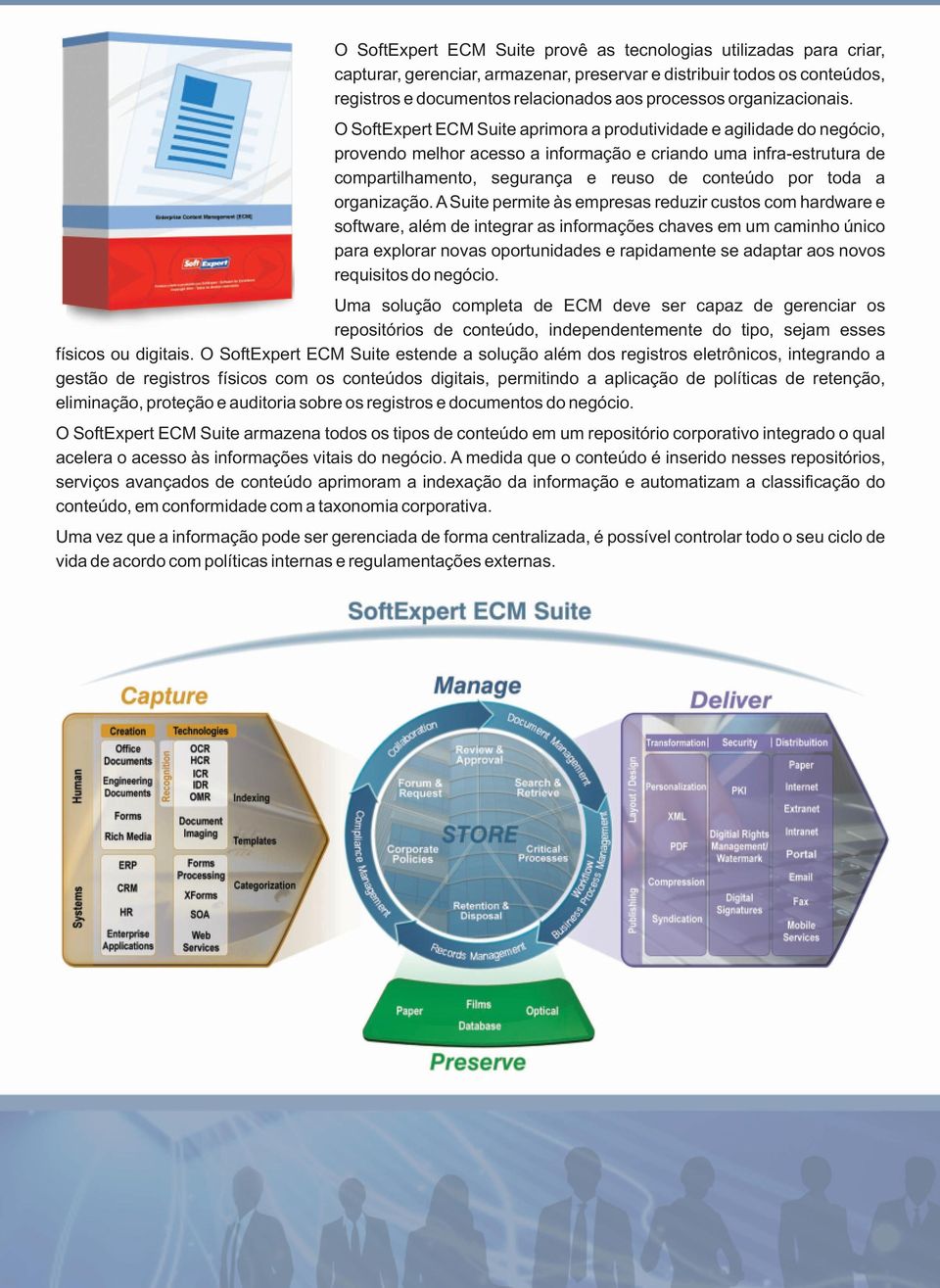 O SoftExpert ECM Suite aprimora a produtividade e agilidade do negócio, provendo melhor acesso a informação e criando uma infra-estrutura de compartilhamento, segurança e reuso de conteúdo por toda a