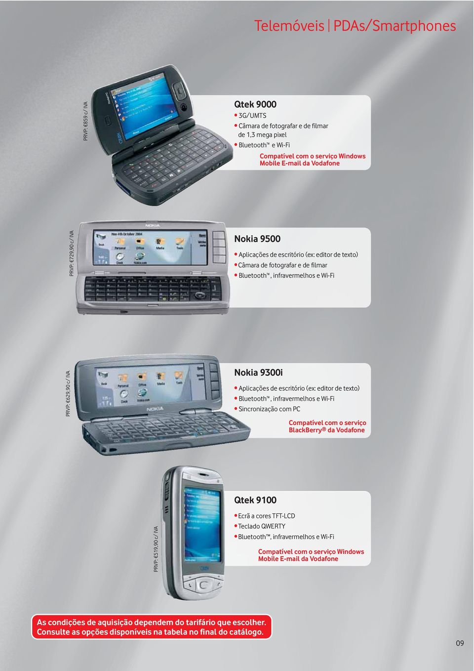 escritório (ex: editor de texto) Bluetooth, infravermelhos e Wi-Fi Sincronização com PC Compatível com o serviço BlackBerry da Vodafone Qtek 9100 PRVP: 519,90 c/ IVA Ecrã a cores TFT-LCD Teclado